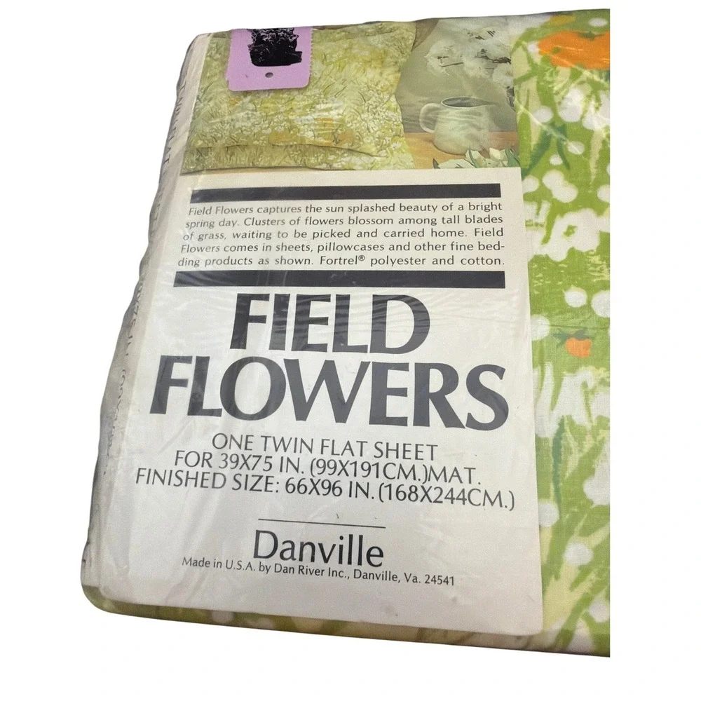 Vintage Danville Twin Flat Sheet Field Flowers Cottagecore Retro Floral Green